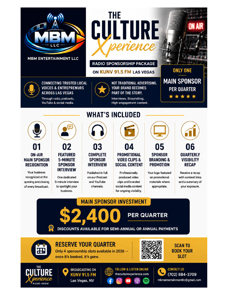 The Culture Xperience Radio Sponsorship Package flyer detailing what's included, the $2,400 per quarter investment, and contact information.